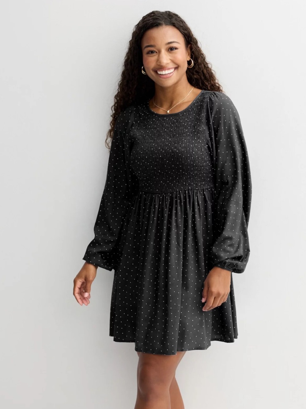 New! SO Black Long-Sleeve Smocked Polka Dot Dress